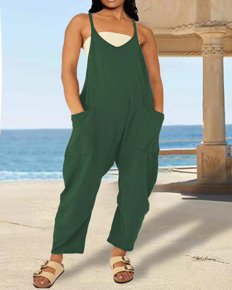 

Plus Size Spaghetti Strap Pocket Design Casual Jumpsuit, Green