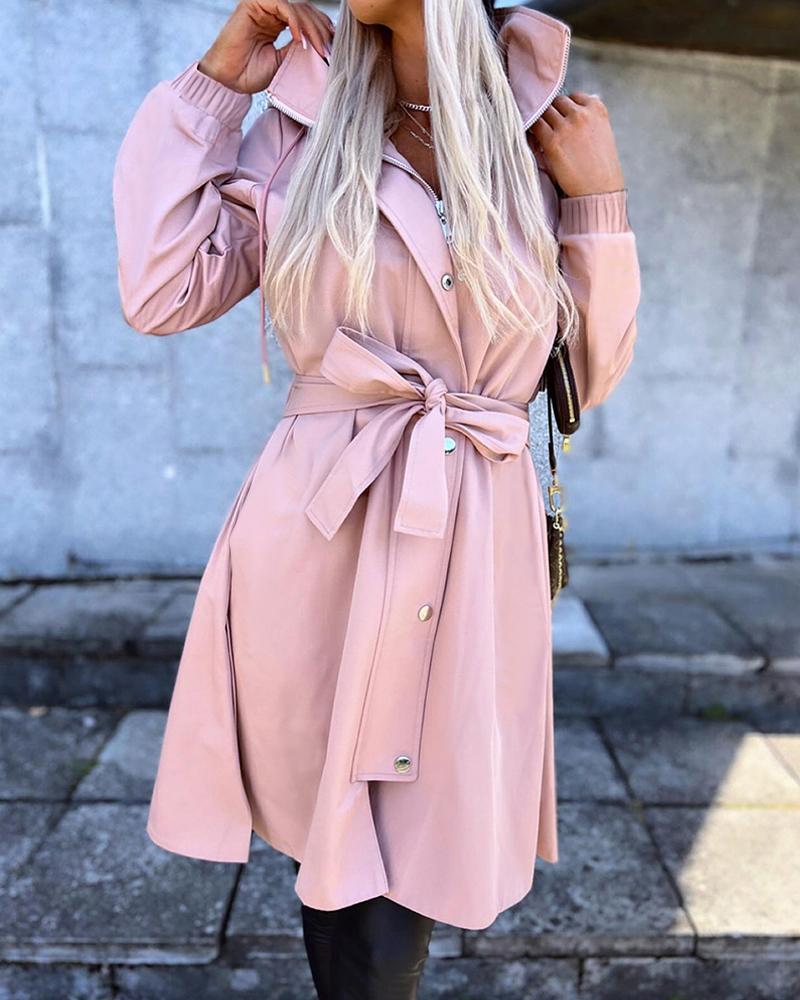 

Snap Button Zipper Design Longline Coat, Pink