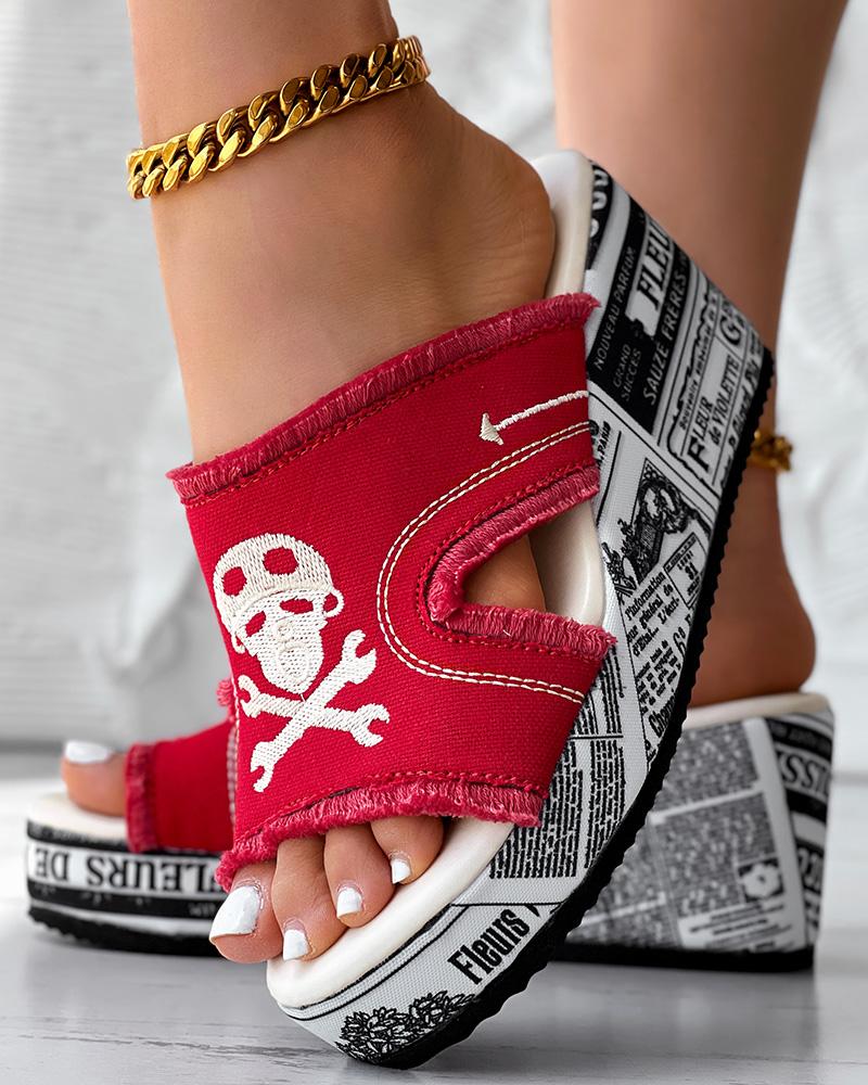 

Newspaper Skull Raw Hem Platform Wedge Slippers, Red