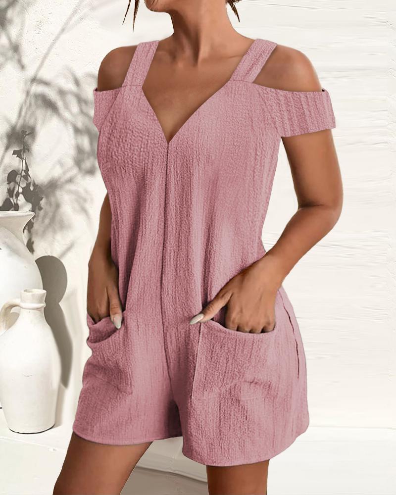 

Cold Shoulder Pocket Design Casual Romper, Pink