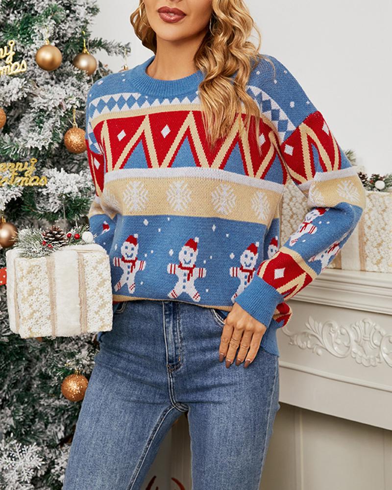 

Christmas Snowman Ginger Man Geometric Pattern Sweater, Blue