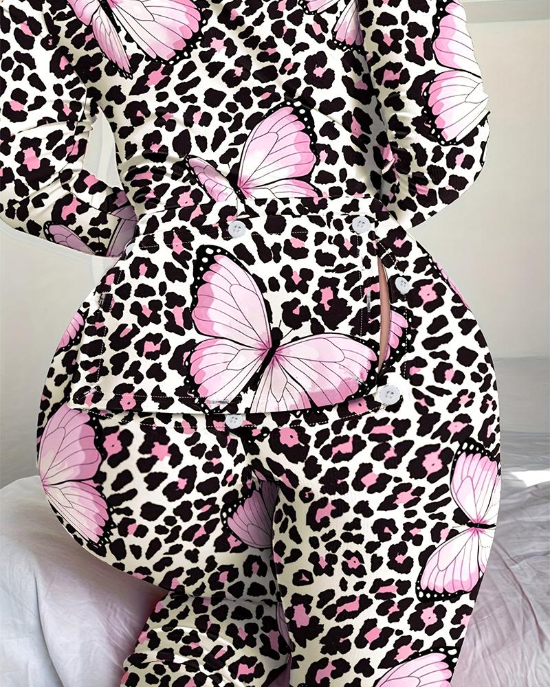 Plus Size Butterfly Leopard Print Flap Sleep Onesie