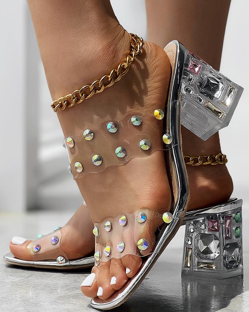 

Rhinestone Decor Clear Strap Chunky Heel Sandals, Silver