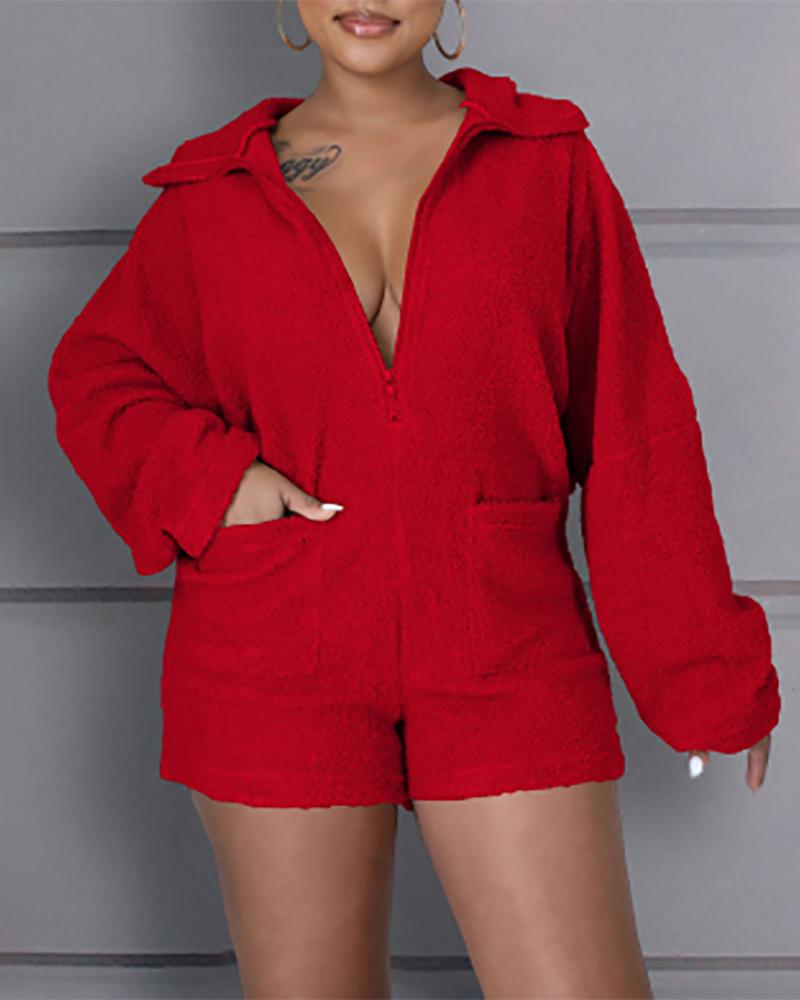 

Pocket Design Long Sleeve Hooded Teddy Romper, Red