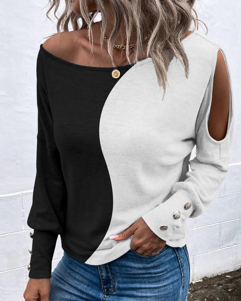 

Colorblock Cold Shoulder Long Sleeve Top, Blackwhite