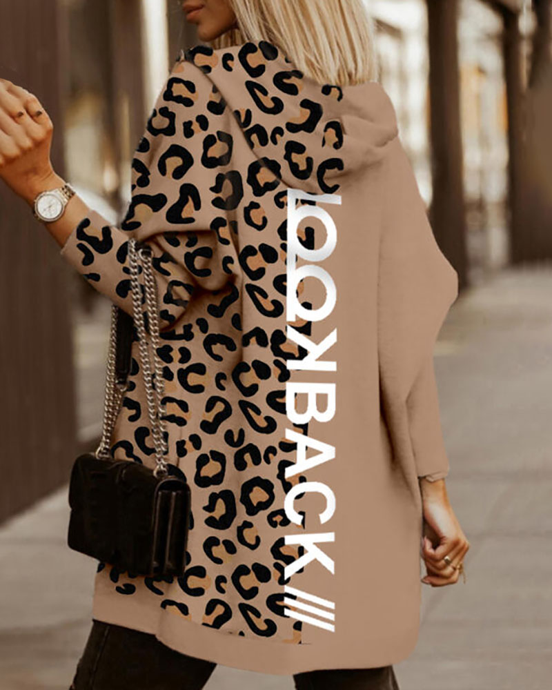

Cheetah Letter Print Colorblock Zipper Design Hooded Sweatshirt, Brown