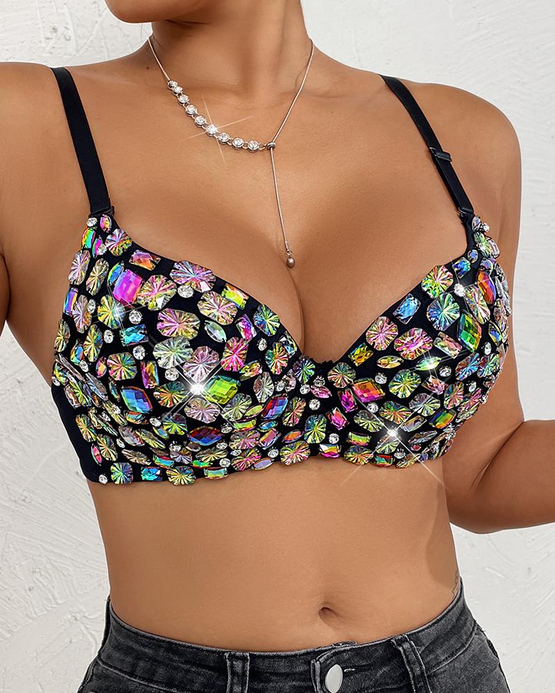

Colorful Gem Stone Decor Crop Top, Black