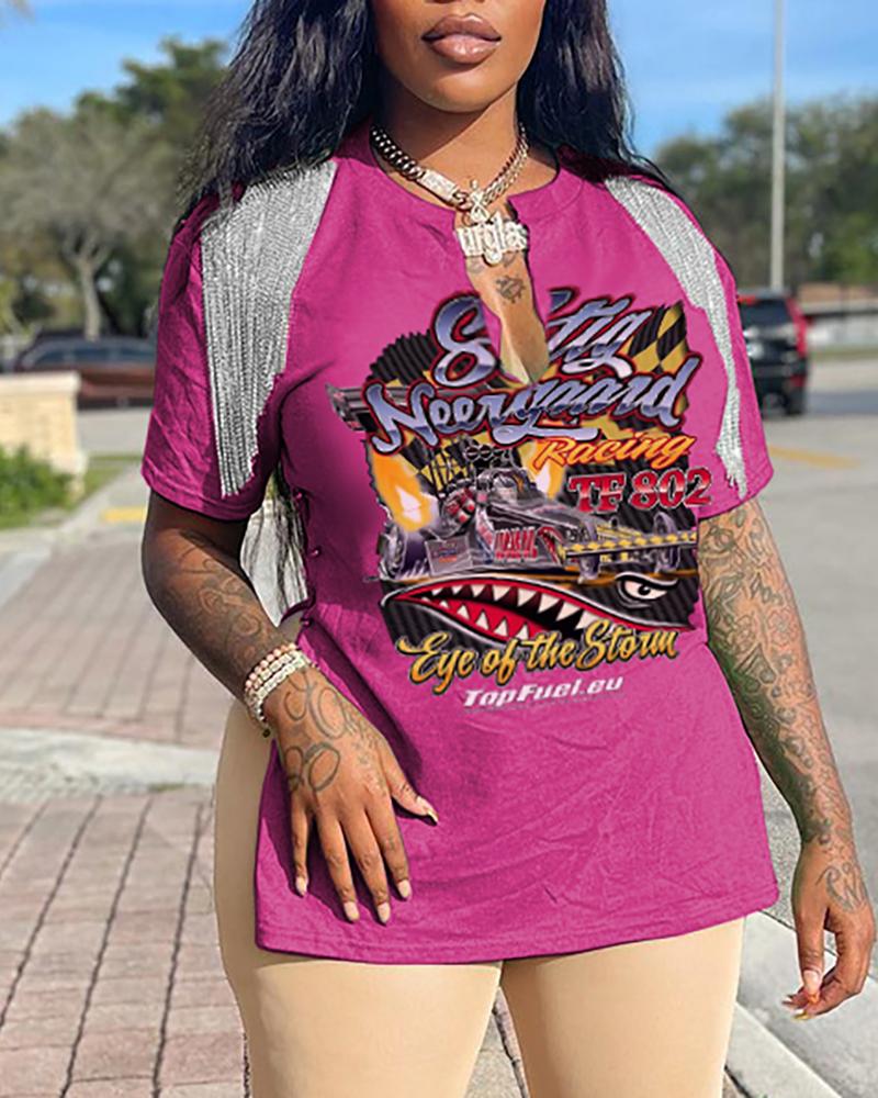 

Graphic Print Tassel Design Slit T-shirt, Pink