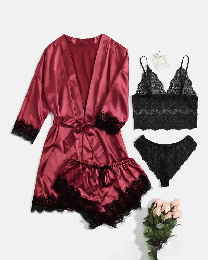 

Satin Eyelash Crochet Lace Cami Set With Robe And Panty, Wine red