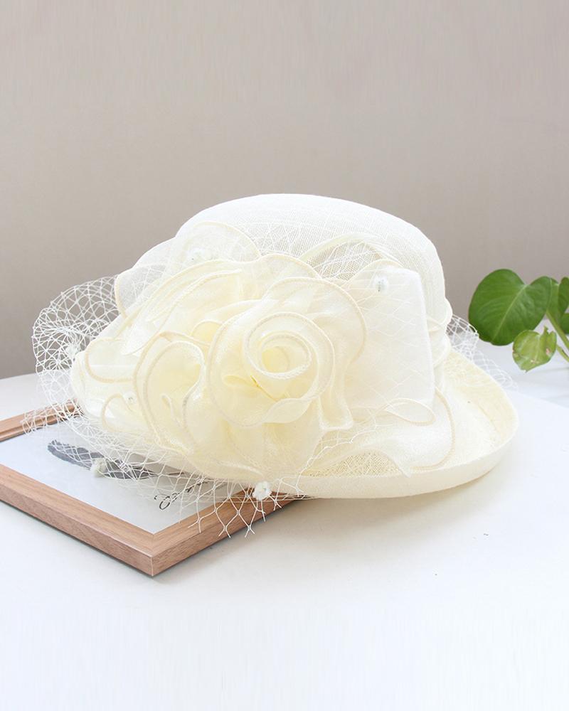 

Feather Fascinator Hat Floral Veil Mesh Dress Hats Wedding Cocktail Tea Party Church Cap, White