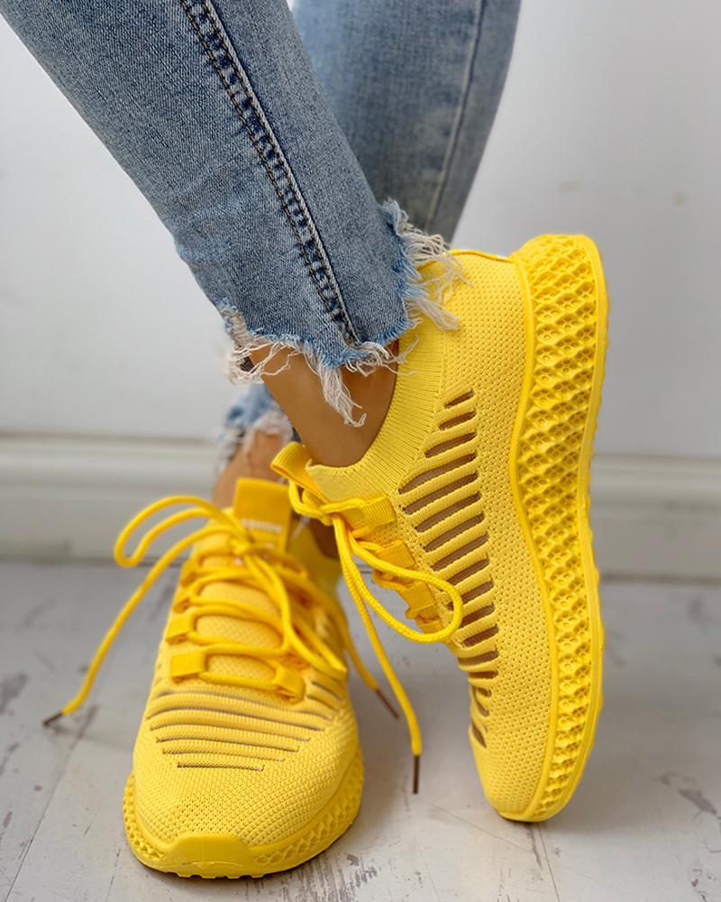 

Net Surface Breathable Lace-Up Hollow Out Sneakers, Yellow