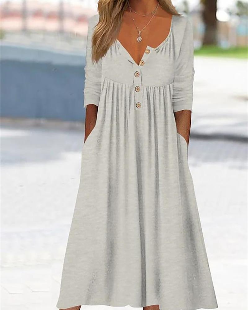 

Scoop Neck Buttoned Ruched Casual Dress, Gray
