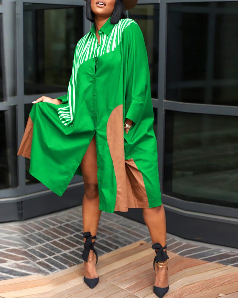 

Plus Size Colorblock Striped Button Down Shirt Dress, Green