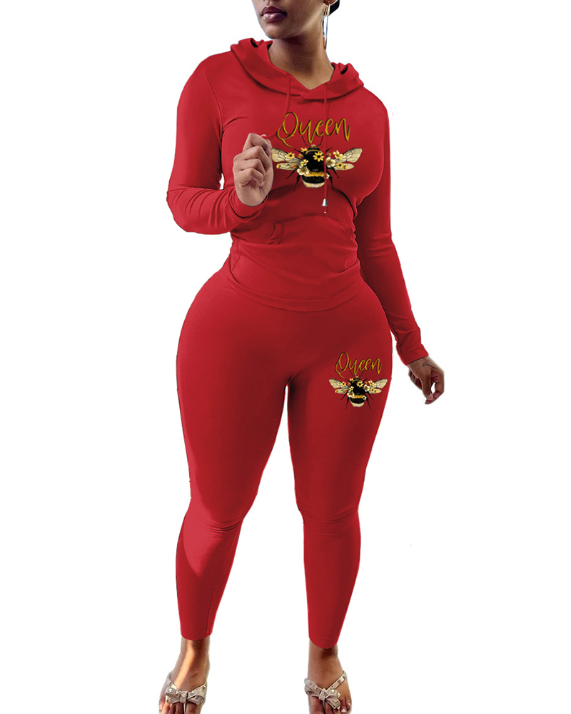 

Bee Print Hooded Top & High Waist Pants Set, Red