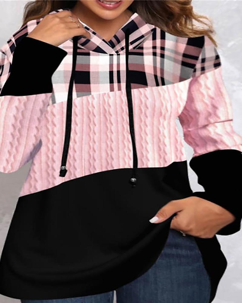 

Plus Size Contrast Plaid Colorblock Casual Hoodie, Pink