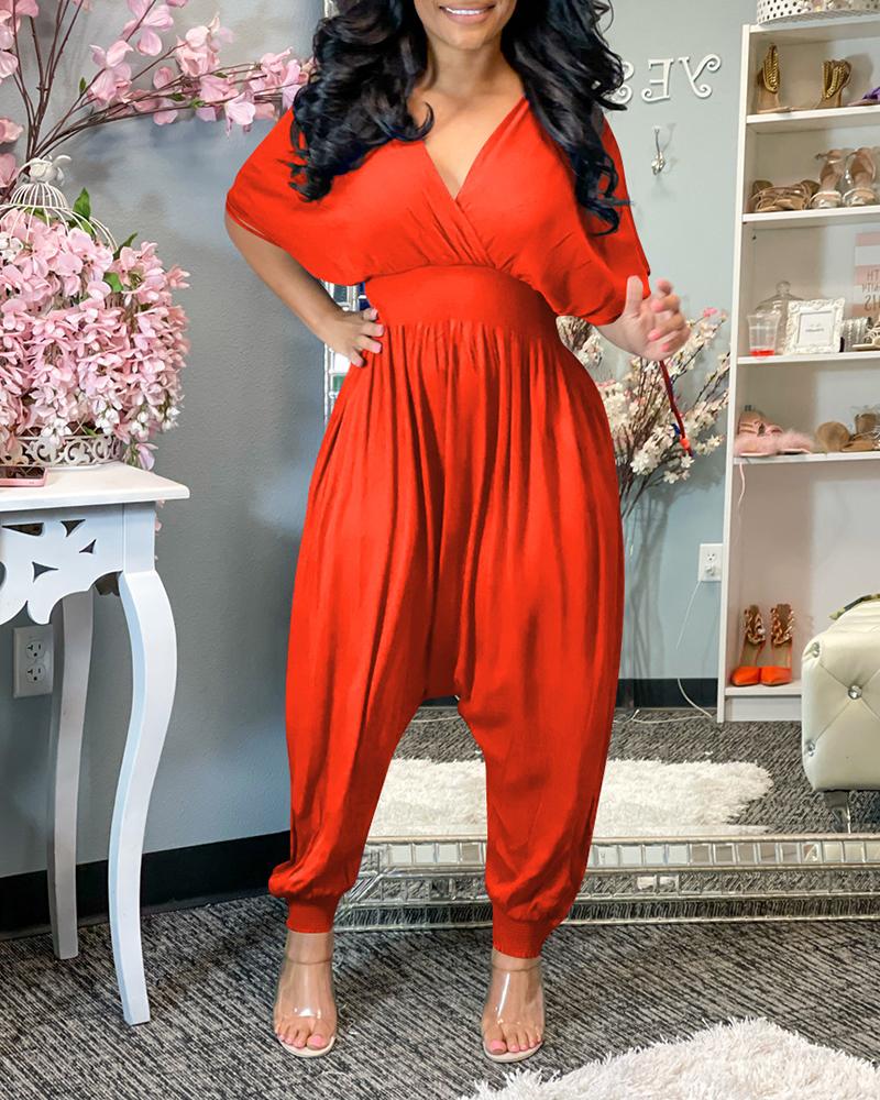 

Shirred Short Sleeve Ruched Harem Jumpsuit, Wine red