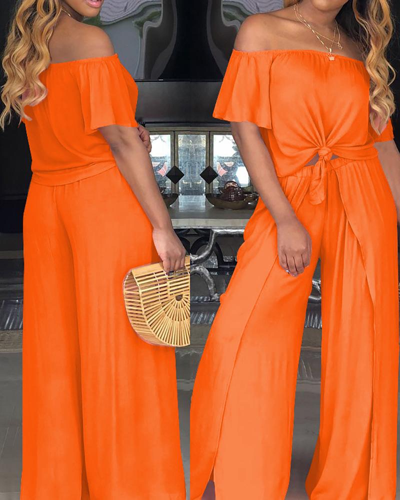 

Off Shoulder Top & Slit Leg Pants Set, Orange