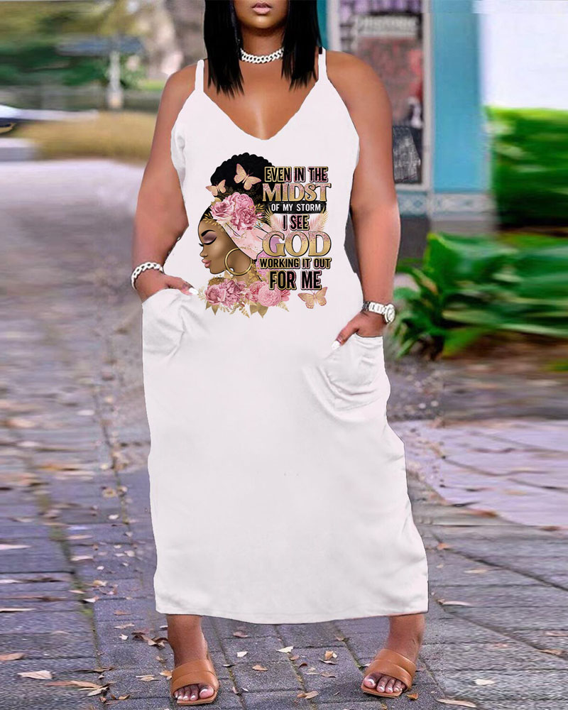 

Plus Size Figure Letter Print Pocket Detail Maxi Dress, White