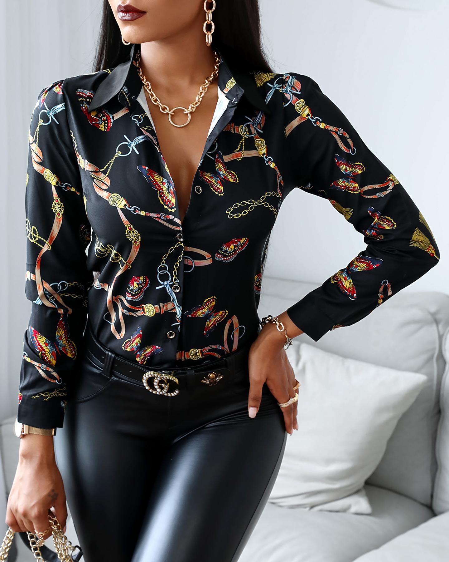 

Plus Size Butterfly Scarf Print Button Design Shirt, Black