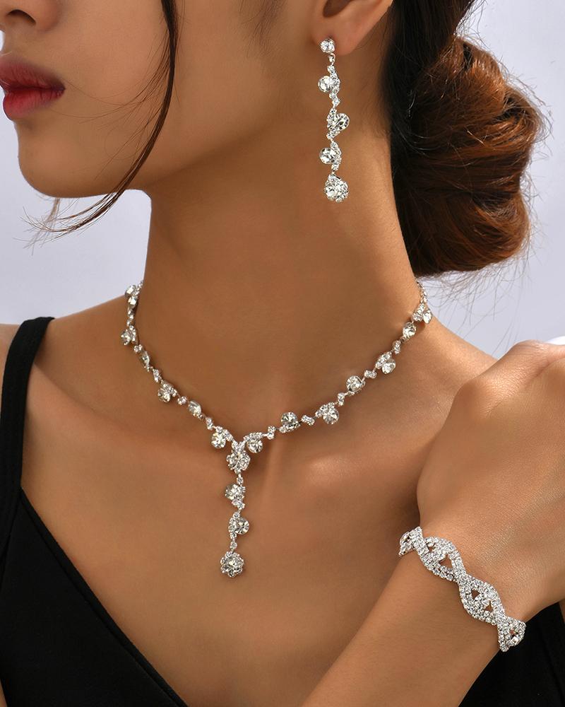 

3PCS Rhinestone Floral Tassel Chain Necklace & Drop Earrings & Twisted Bracelet Wedding Bridal Jewelry Set, White