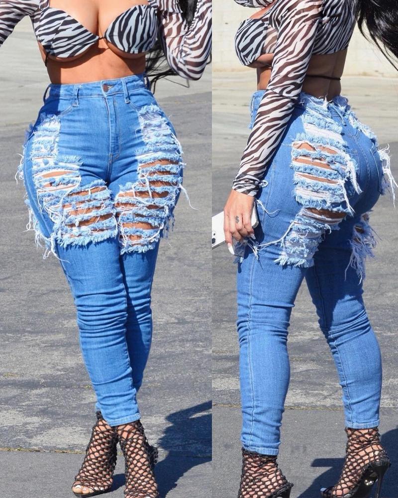 

High Waist Zip Fly Cutout Ripped Skinny Jeans, Blue
