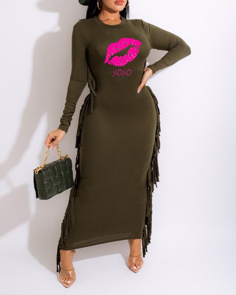 

Lip Letter Print Tassel Trim Long Sleeve Bodycon Dress, Green