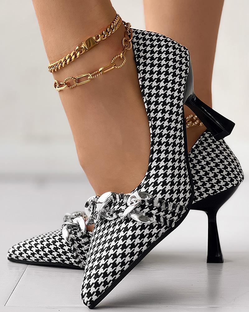 

Houndstooth Chain Decor Pyramid Heel Pumps, Blackwhite