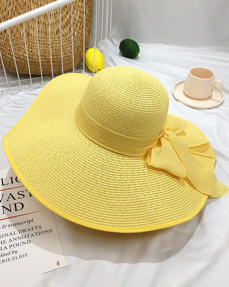 

Tied Detail Wide Brim Beach Straw Sun Hat, Yellow