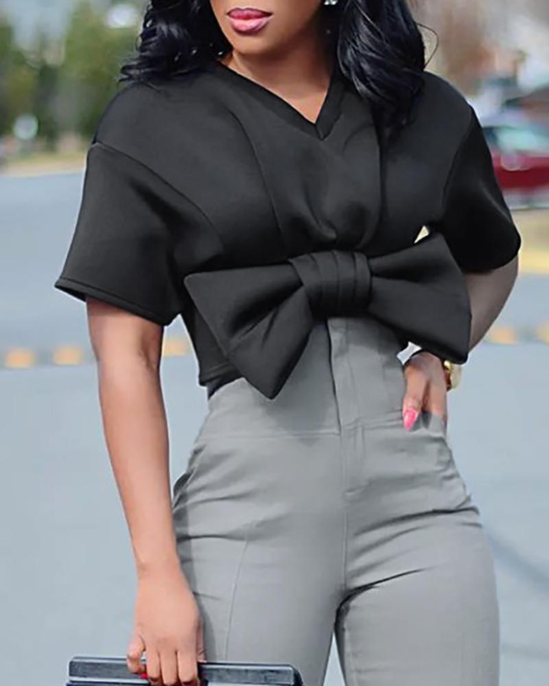 

Bowknot Design Short Sleeve Top, Black