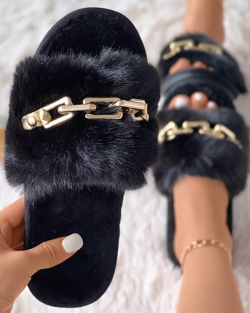 

Chain Decor One Strap Fuzzy Slippers, Black
