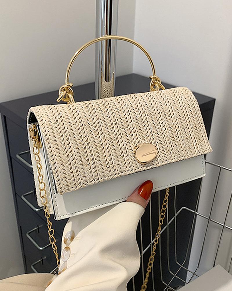 

Chain Strap Straw Flap Shoulder Bag With Handle, White