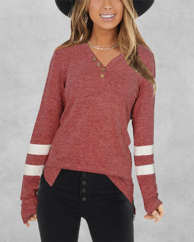 

Colorblock Button Front Split Hem Long Sleeve Top, Red