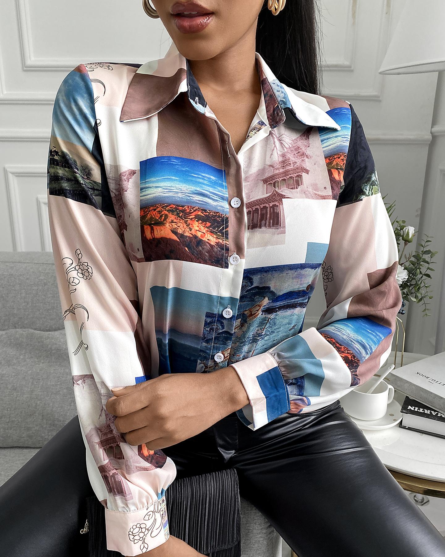 

Graphic Print Long Sleeve Shirt, Multicolor
