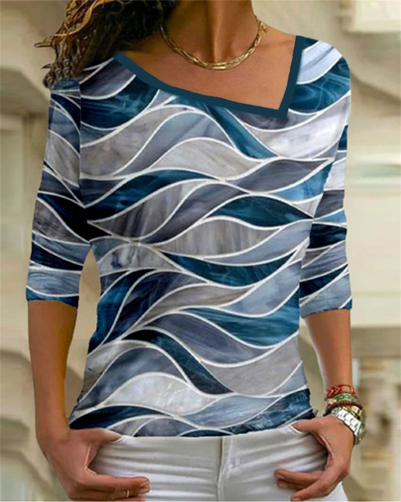 

Geo Print Asymmetrical Neck Long Sleeve Top, Blue