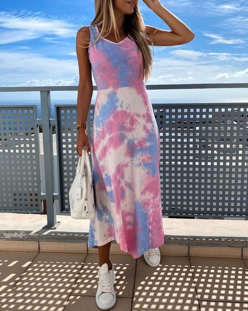

Tie Dye Print Sleeveless Slit Casual Dress, Pink