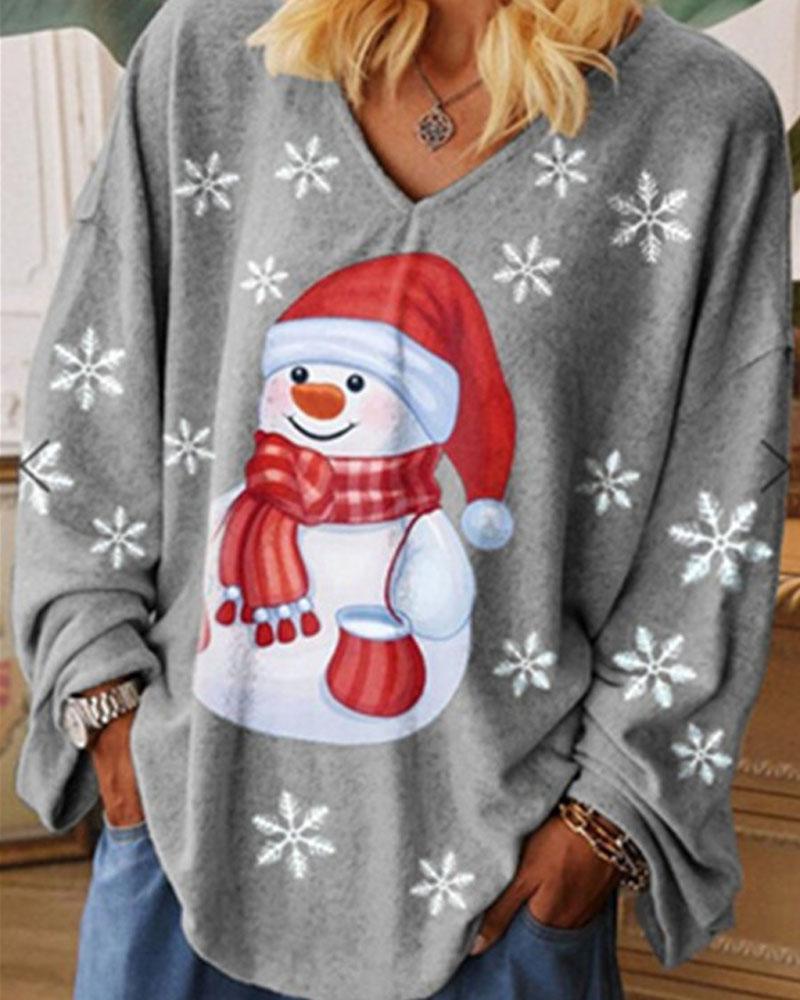 

Christmas Snowman Snowflake Print Long Sleeve Top, Gray