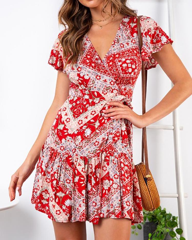

Knot Waist Floral Print Pleated Dress, Red