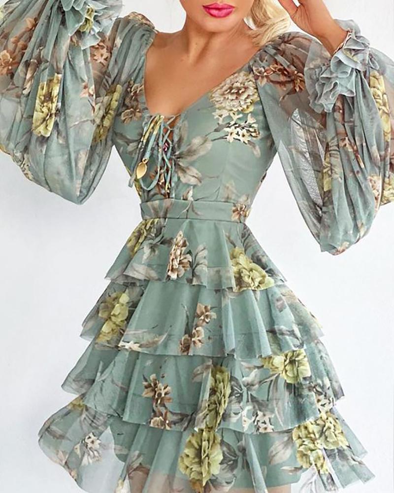 

Puff Lantern Sleeve Lace-up Layered Ruffles Floral Print Dress, Blue