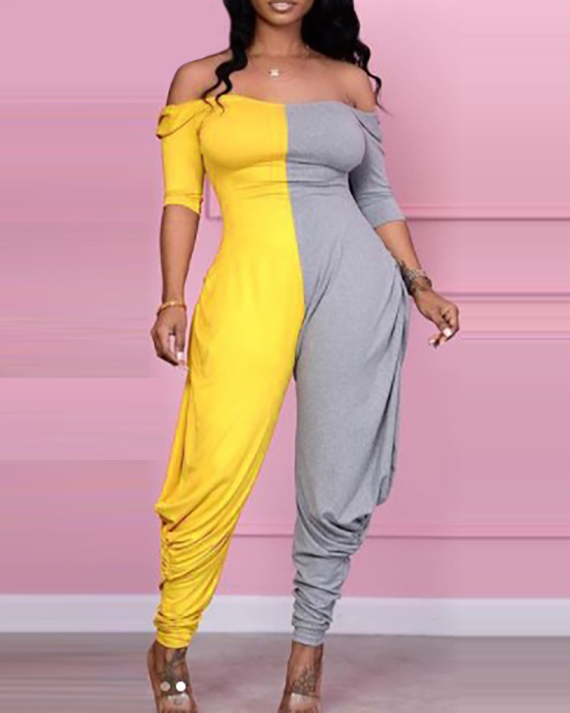 

Ruched Colorblock Half Sleeve Skinny Jumpsuit, Yellow