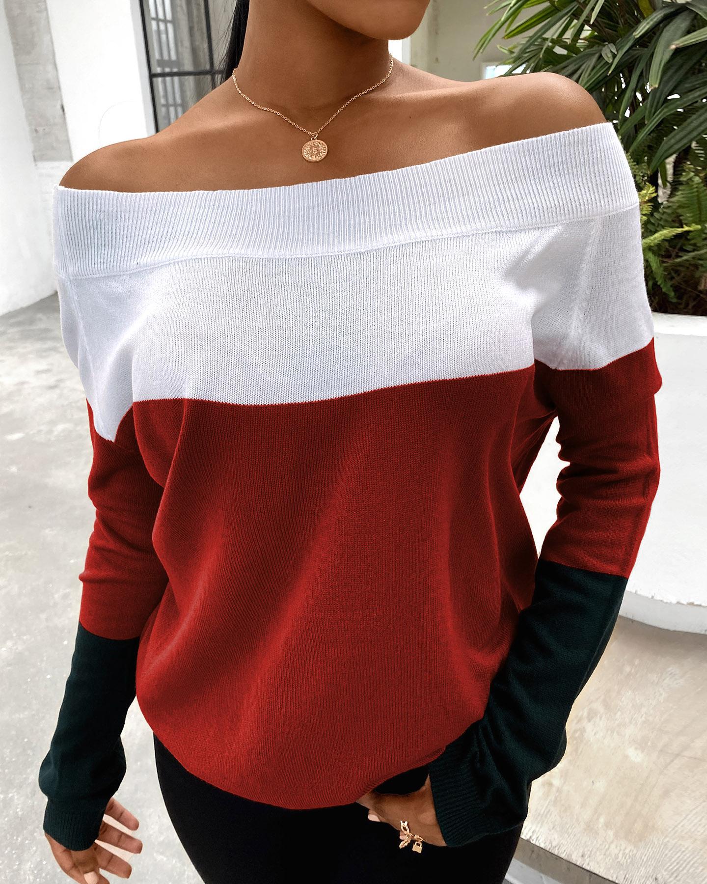 

Off Shoulder Colorblock Long Sleeve Sweater, Red