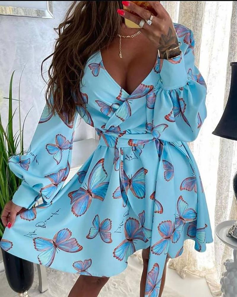 

Butterfly Print Lantern Sleeve Tied Detail Dress, Blue