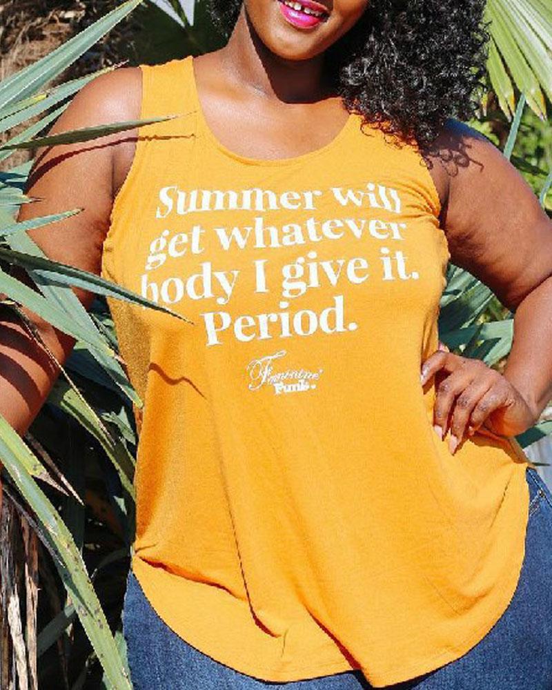 

Plus Size Letter Print Curved Hem Tank Top, Yellow