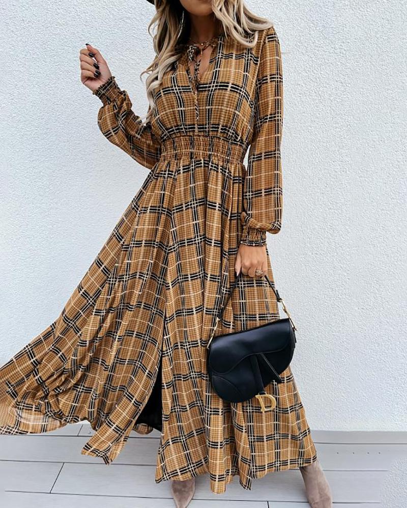 

Lantern Sleeve Tied Detail Plaid Print Slit Dress, Coffee