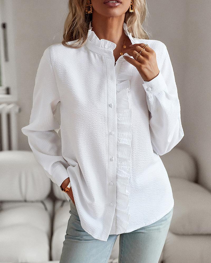 

Haut de chemise boutonné à manches longues avec détails volants, White