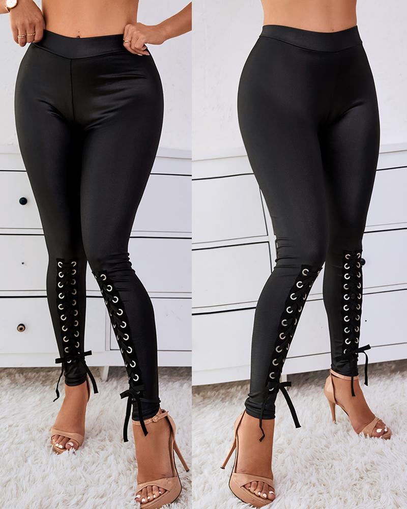 

PU Leather Grommet Eyelet Lace-up Leggings, Black