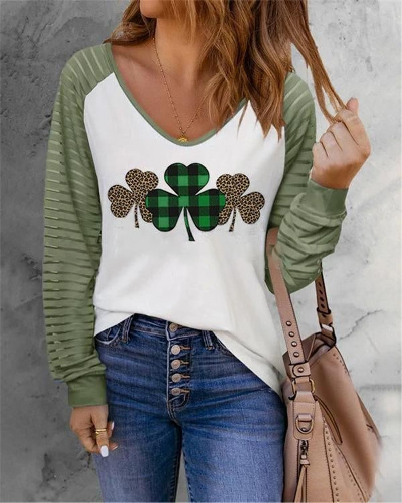 

St. Patrick's Day Clover Print Long Sleeve V-Neck Top, Style1