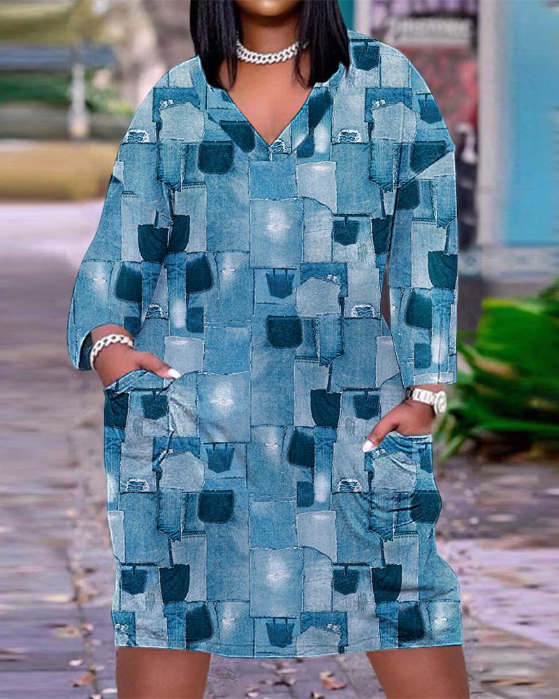 

Plus Size Denim Look Print Pocket Detail Casual Dress, Blue