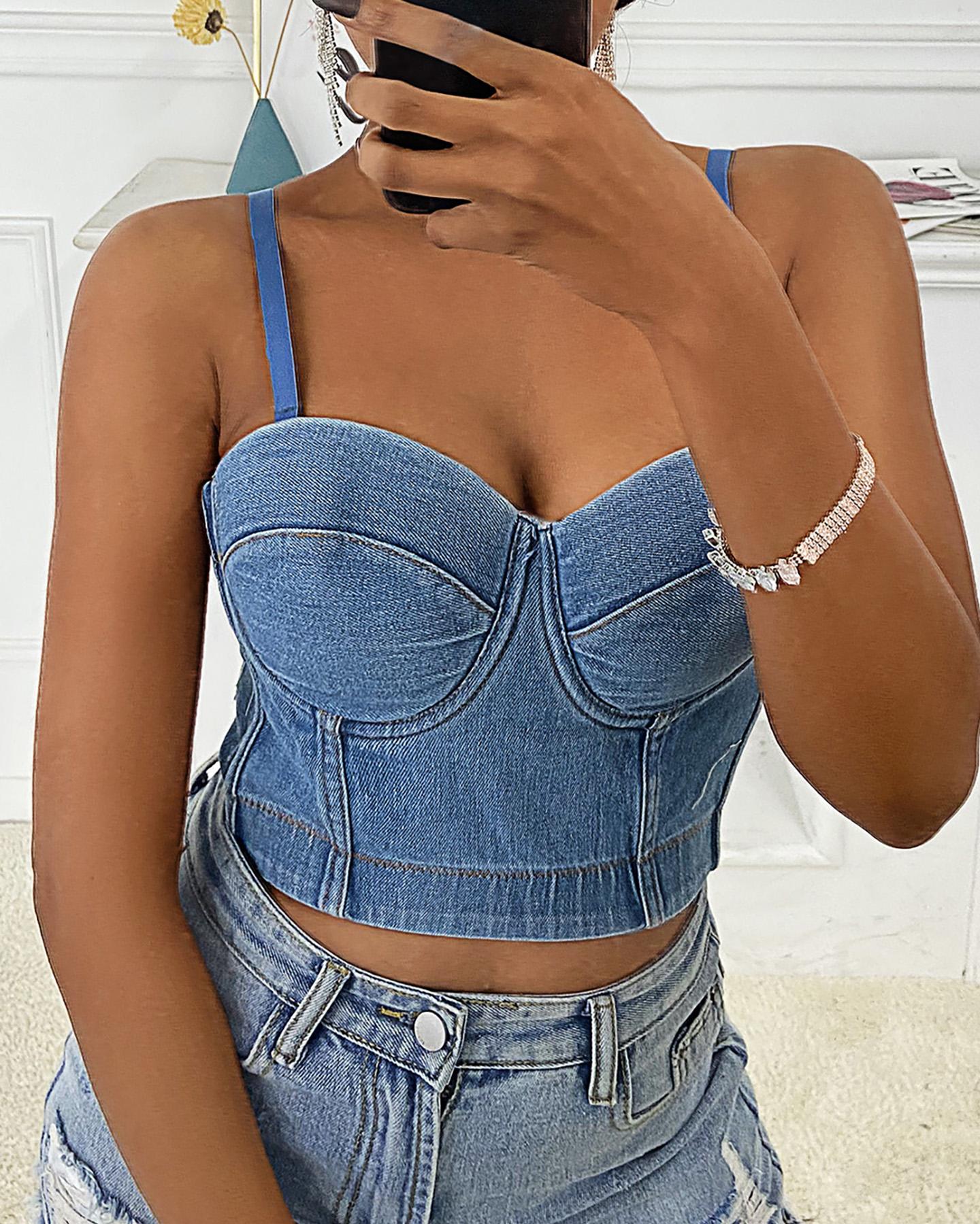 

Denim Spaghetti Strap Corset Crop Top, Blue