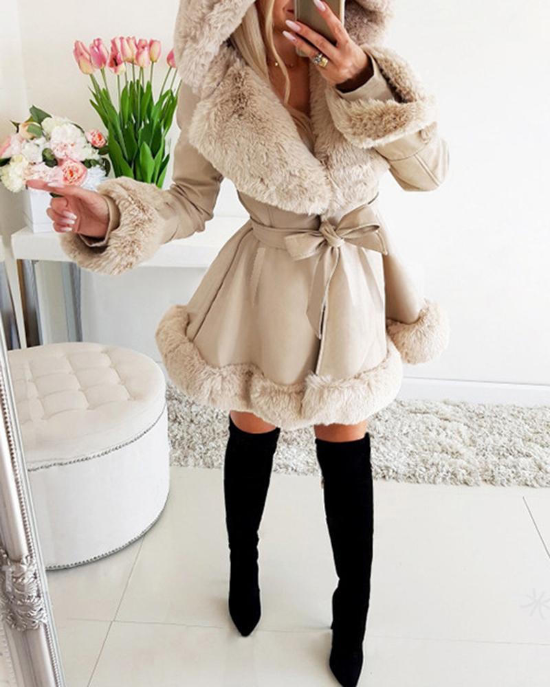 

Fashion Fur Coat Faux Fur Hooded Jacket Luxury Belted Leather Jacket Teddy Coat Winter Thick Warm Parka Coat Outwear, Beige