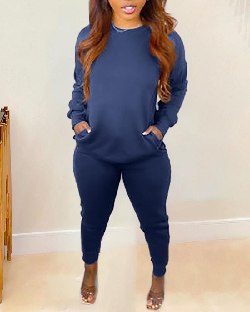 

Long Sleeve Pocket Design Top & Sweatpants Set, Purplish blue